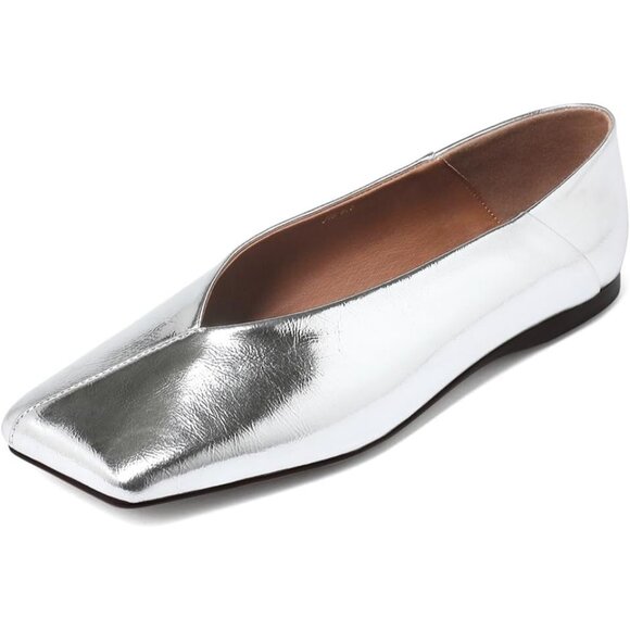 Shoes - Women's Ballet Flat Square Toe Silver Patent Leather Dress Shoes Loafers Pull-On